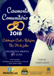 Read more about the article CASAMENTO COMUNITÁRIO Abertas inscrições para casais de baixa renda oficializar a união civil e religiosa