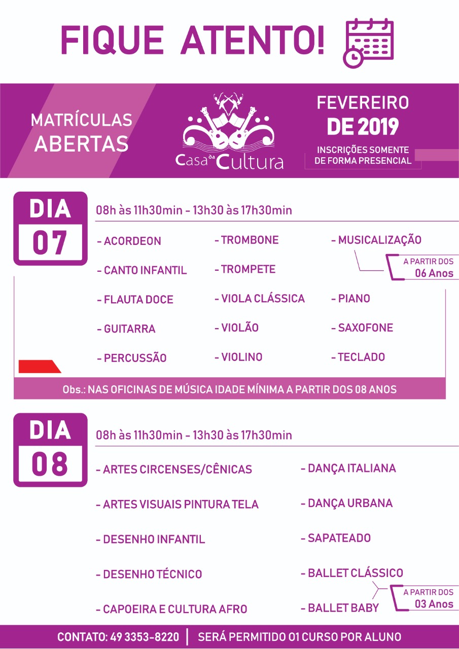 Read more about the article Matrículas para oficinas e cursos da Casa da Cultura acontecem na próxima semana em Xaxim