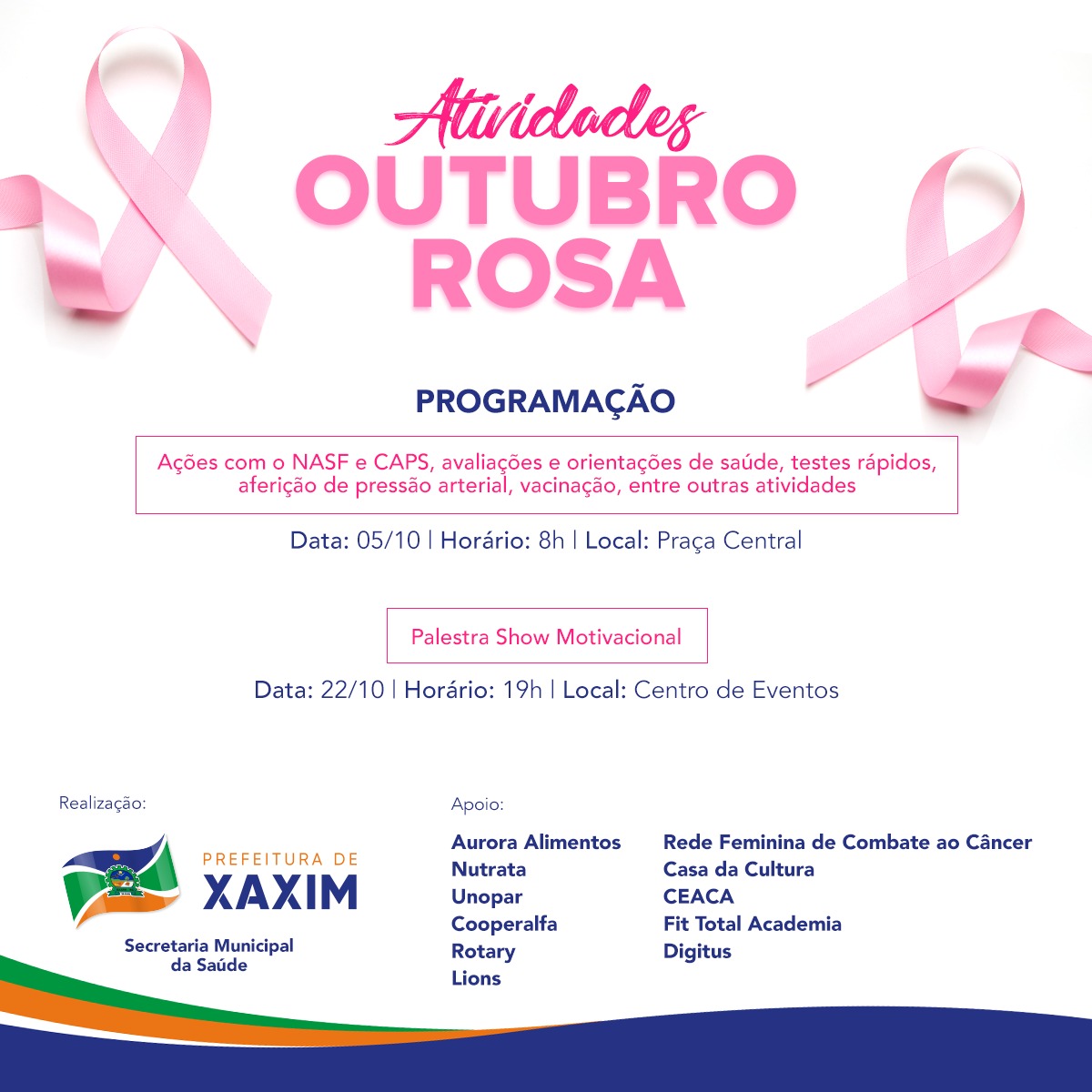 Read more about the article Governo Municipal de Xaxim através da Secretaria de Saúde, destaca ações do “Outubro Rosa”